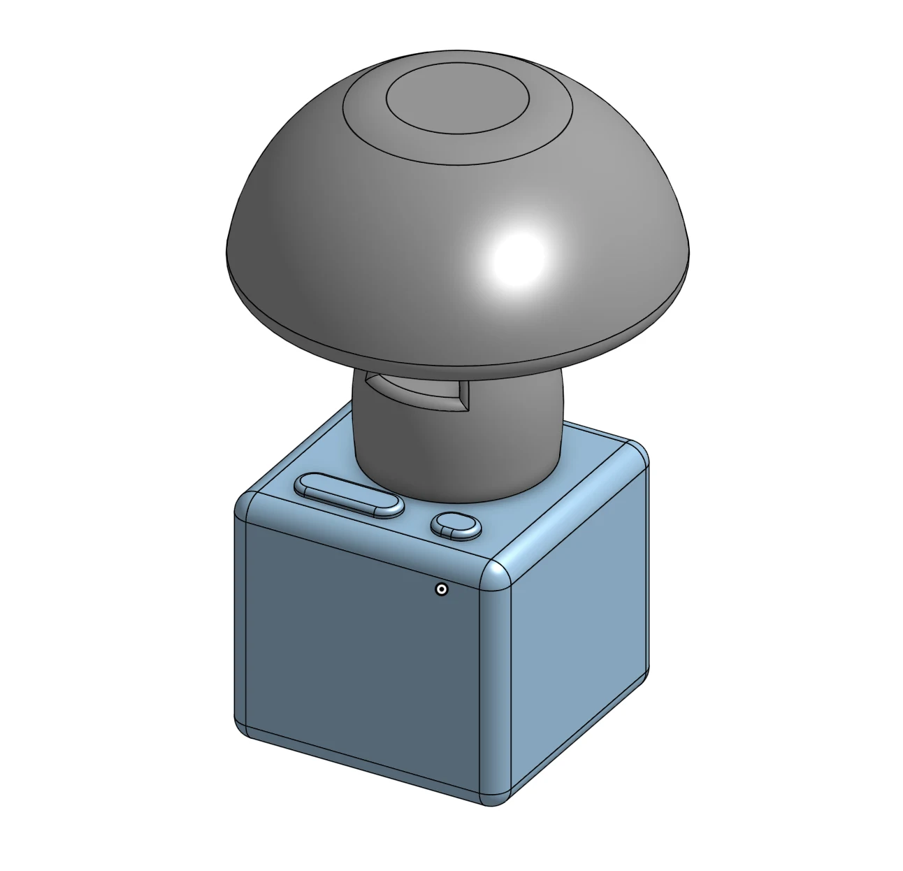 Angled CAD view of the mushroom lamp, companion figure, and blue base