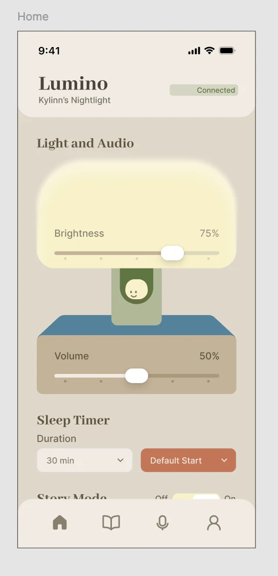 Lumino Home app screen showing light brightness, volume, and sleep timer