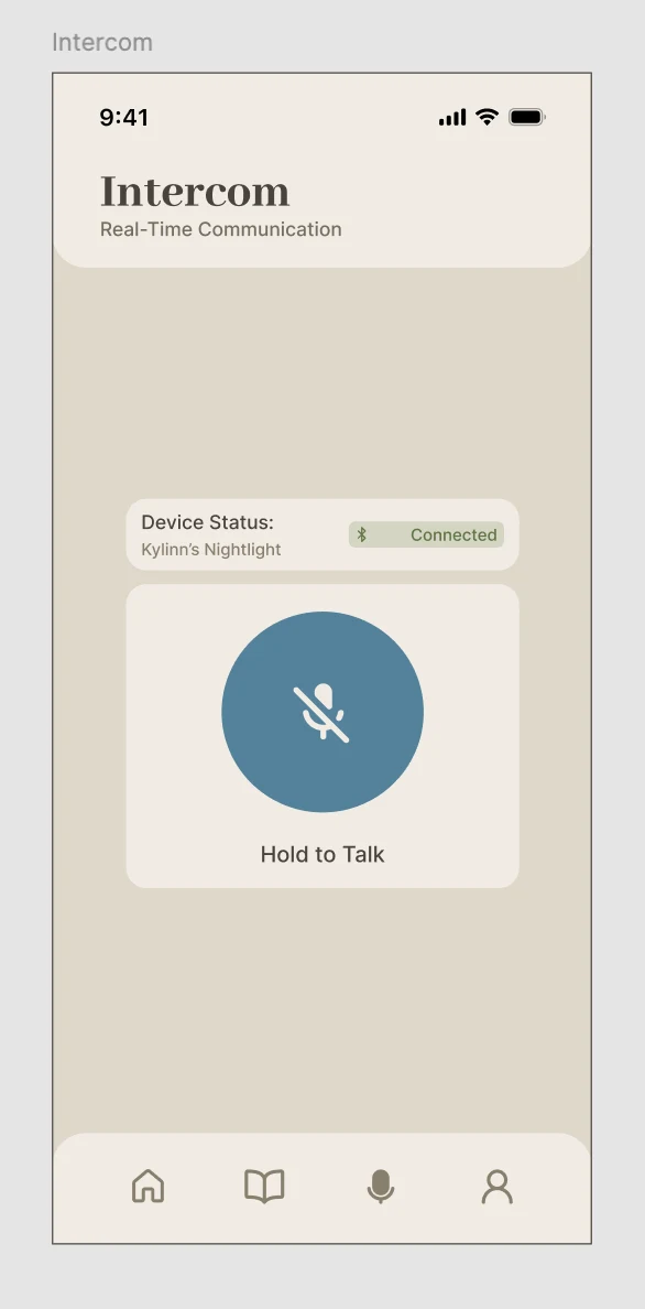 Intercom screen with device status and a large hold-to-talk button