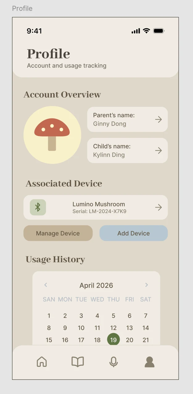 Updated Profile screen showing associated device and usage history