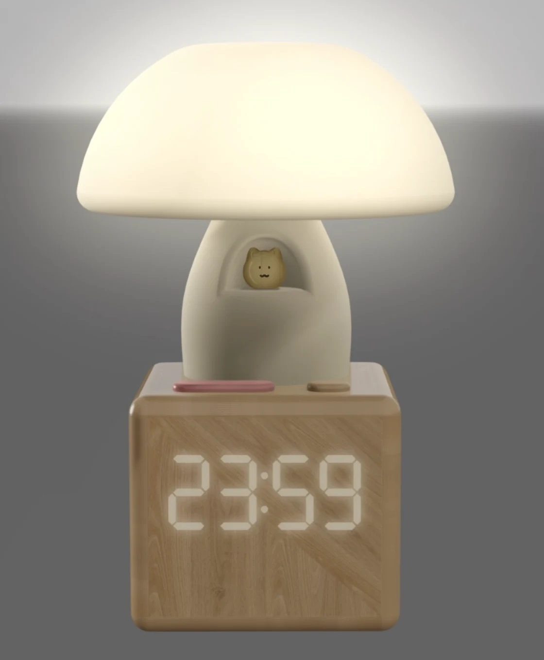 Lumino concept render: a glowing mushroom nightlight with a wooden clock base