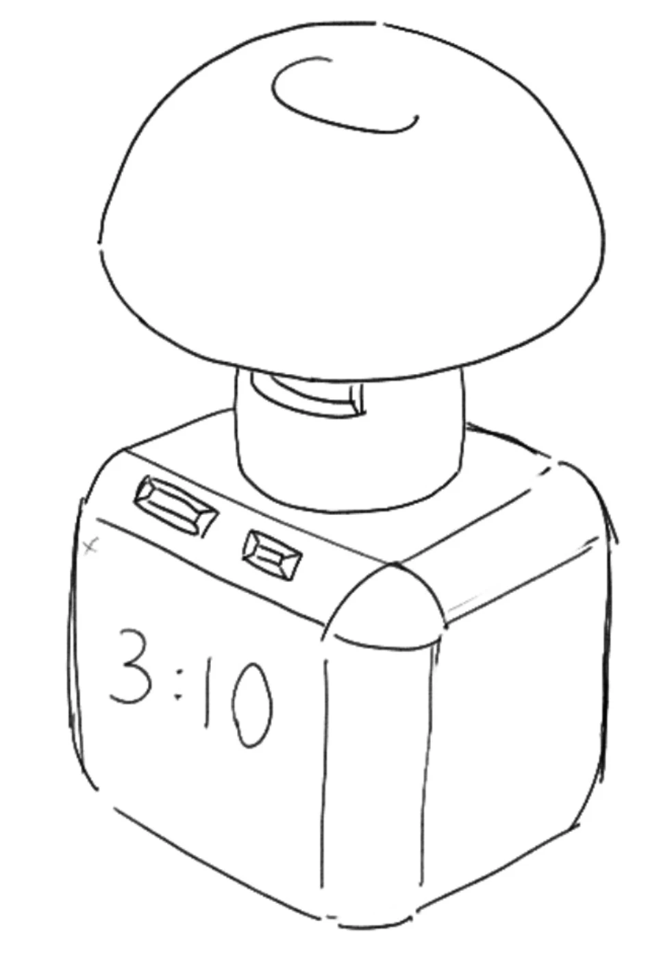 Mushroom-shaped Lumino concept sketch with side buttons and a clock