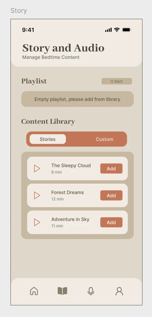 Original Story screen with play controls on the left and Add buttons on the right